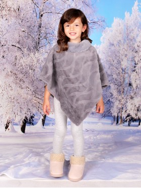 Kids Soft Faux Fur Poncho W/  Wave Pattern and Faux Fur Neckline (3-7 Years Old) 